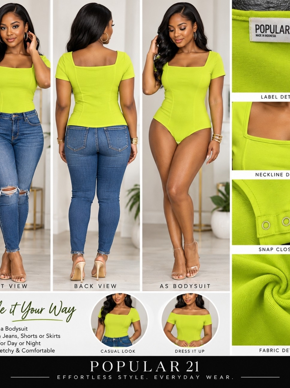 Popular 21 Women’s Square Neck Lime Green Short-Sleeve Bodysuit